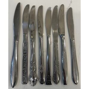 Vtg Mixed Lot of 8 Dinner Knives 9” MCM Mismatched Stainless Floral Patterns